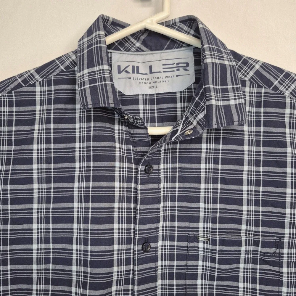 Killer Mens Navy Blue White Plaid Button Down Shirt Long Sleeve Cotton Large